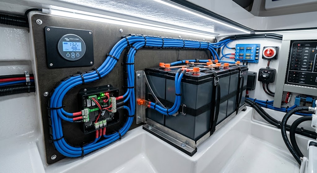 Clean lithium battery bank installation in a boat's electrical compartment with Victron battery monitor