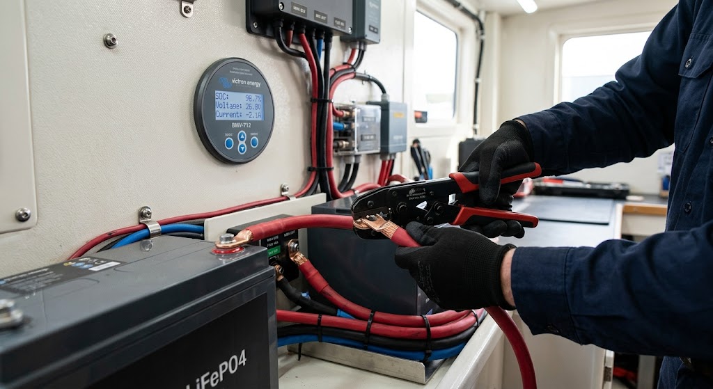 Marine electrician connecting lithium battery wiring with crimping tool during a professional boat electrical installation 