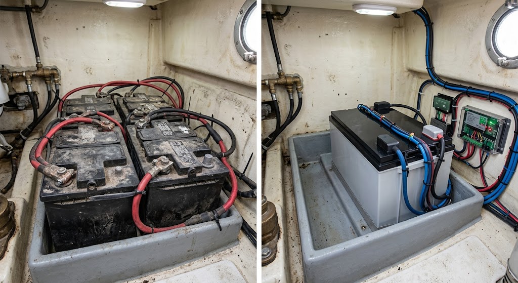 Marine electrician connecting lithium battery wiring with a crimping tool during a professional boat electrical installation