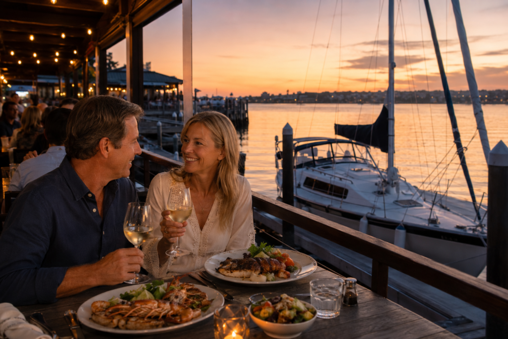 Couple dining at an outdoor waterfront restaurant in San Diego