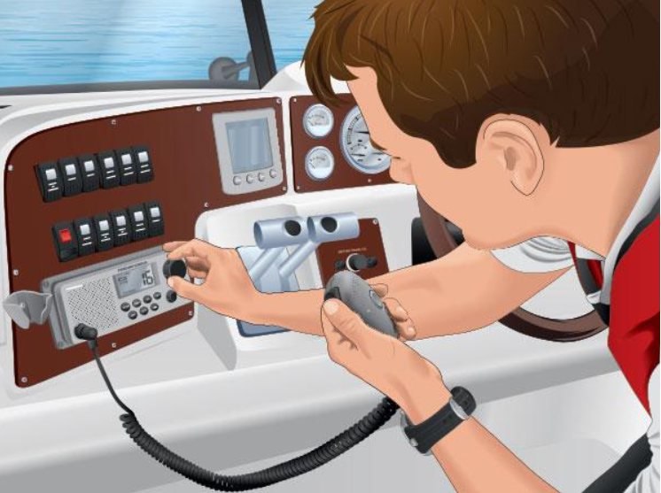 Boat operator checking a VHF radio and handheld microphone
