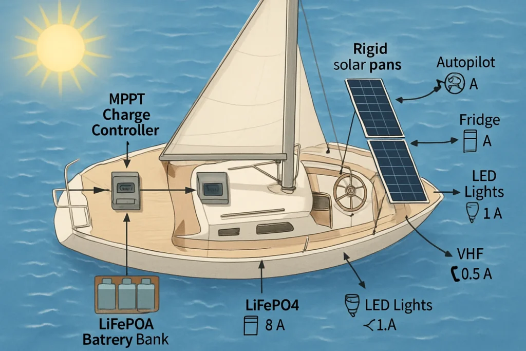 Boat solar power system with panels, battery bank, MPPT charge controller, and VHF radio