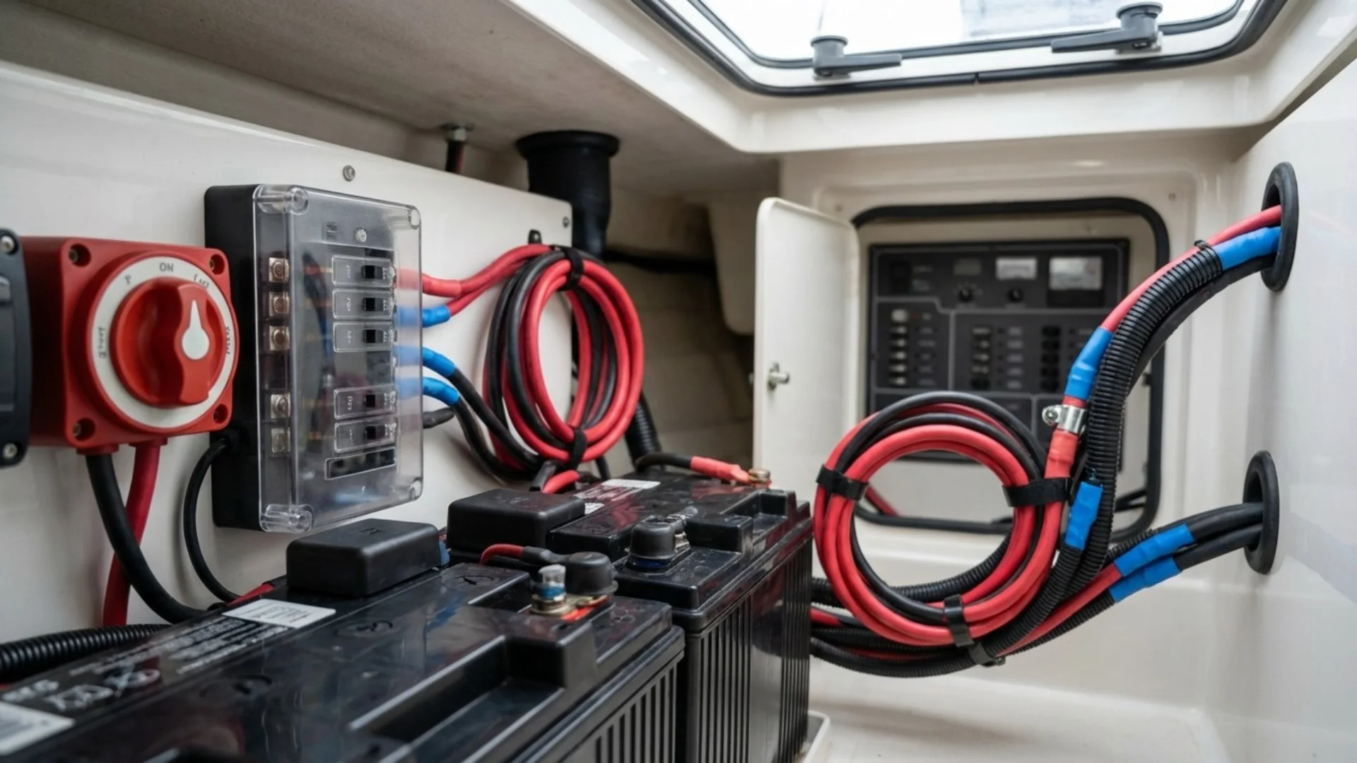 Close-up of boat battery bank, fuse block, and heavy-gauge wiring for winterizing setup