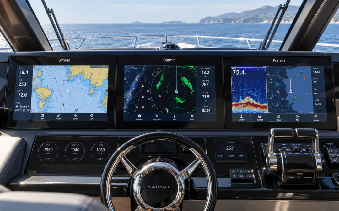 Marine chartplotter dashboard comparing Simrad, Garmin, and Furuno multi-function displays